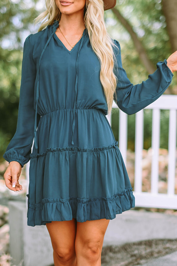 V Neck Long Sleeve Ruffle Tiered Mini Dress