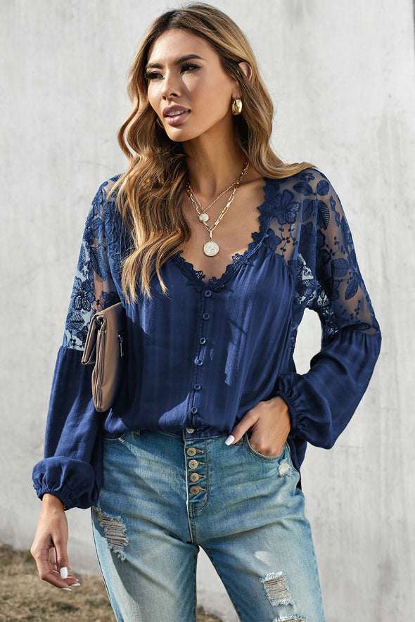 V Neckline Lace Shoulder Patchwork Blouse