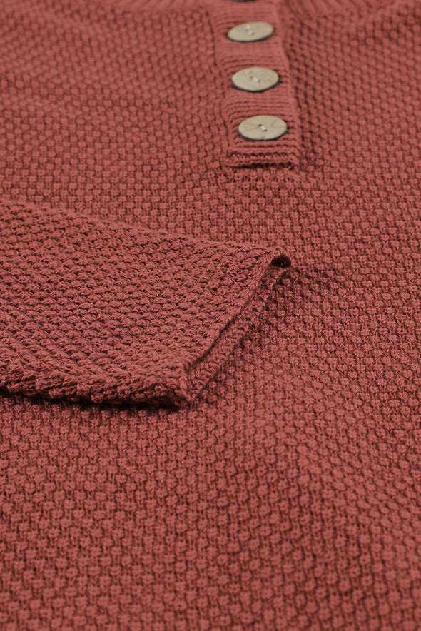 Henley Pullover Drop Shoulder Sweater with Slits