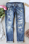 Valentine Heart Patchwork Distressed Straight Leg Jeans