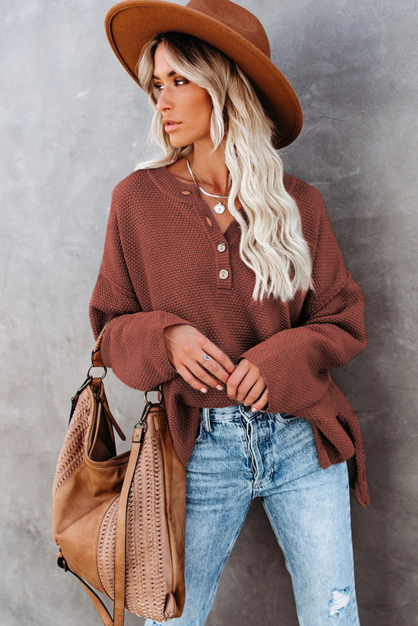 Henley Pullover Drop Shoulder Sweater with Slits