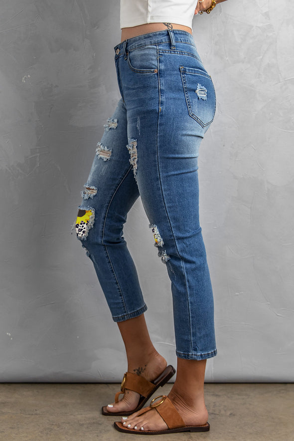 Fading Distressed Holes Crop Jeans