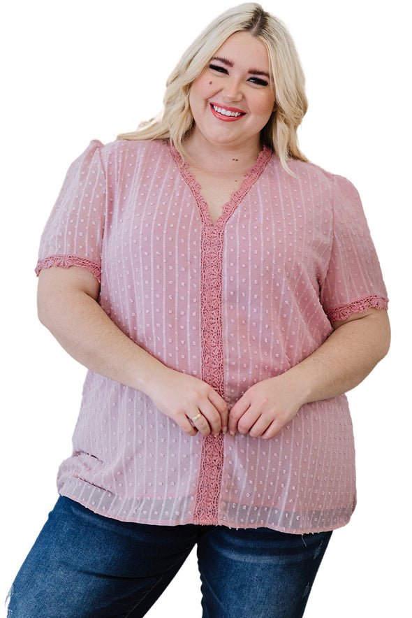 V Neck Lace Crochet Swiss Dot Short Sleeve Blouse