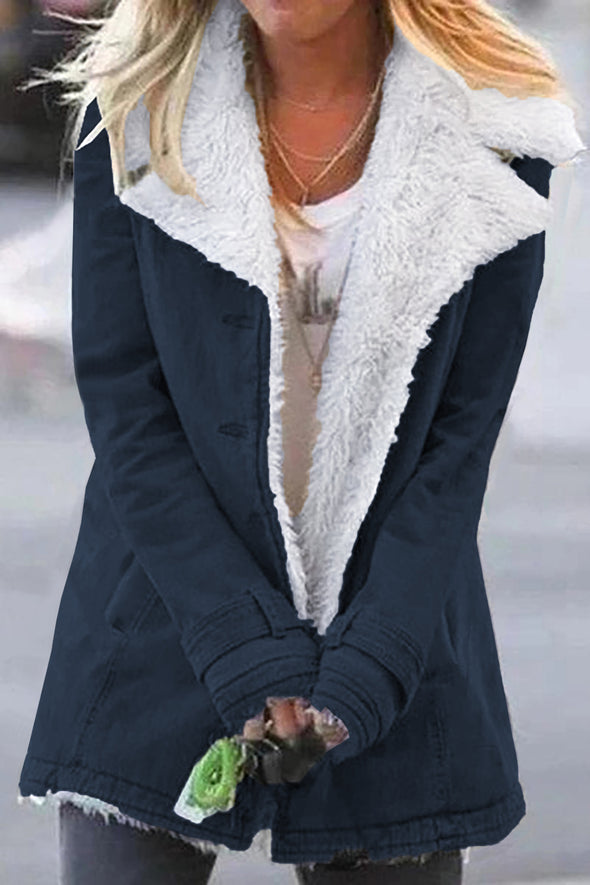 Khaki Lapel Collar Button Fleece Jacket