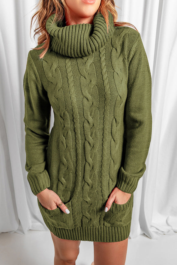 Colorblock Cowl Neck Cable Knit Sweater Dress