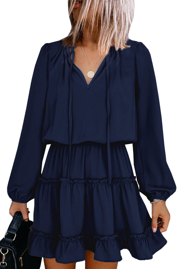 V Neck Long Sleeve Ruffle Tiered Mini Dress