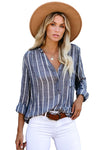 /Blue Striped V Neck Pocket Long Sleeve Top