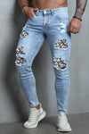 Men's Skull Print Patchwork Distressed Skinny High Waist Jeans