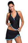 Contrast White Trim Black Halter Tankini Skort Swimsuit