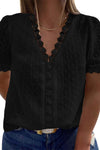 V Neck Lace Crochet Swiss Dot Short Sleeve Blouse