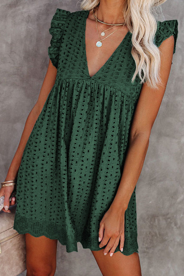 V Neck Ruffled Sleeves Perforating Babydoll Dress