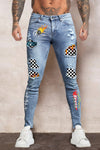 Men's Skull Print Patchwork Distressed Skinny High Waist Jeans