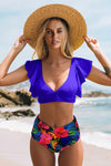 Floral Ruffled Hem High Waist Bikini Set