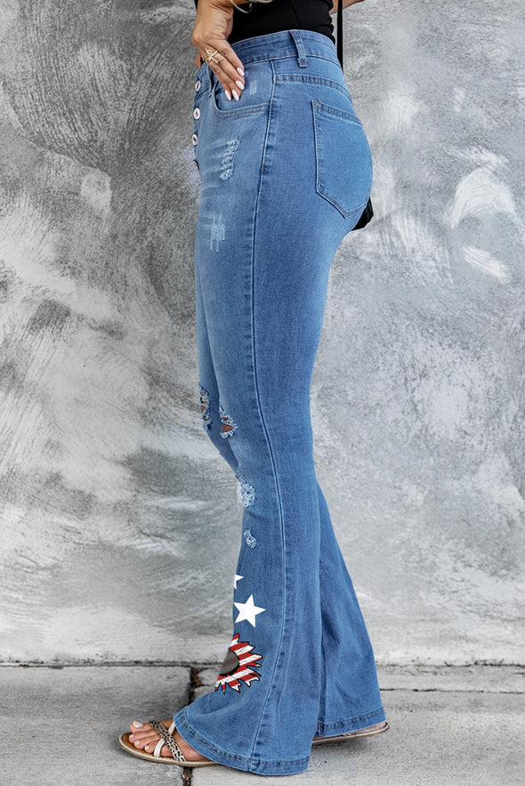 Dark Blue Mid Rise Button Front Flare Denim