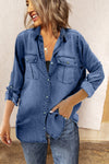 Buttoned Turn Down Collar Denim Shirt with Pocket