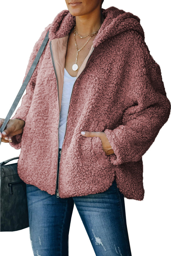 Zip Up Sherpa Hooded Coat with Pocket