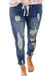 Drawstring Elastic Waist Hole Ripped Jeans