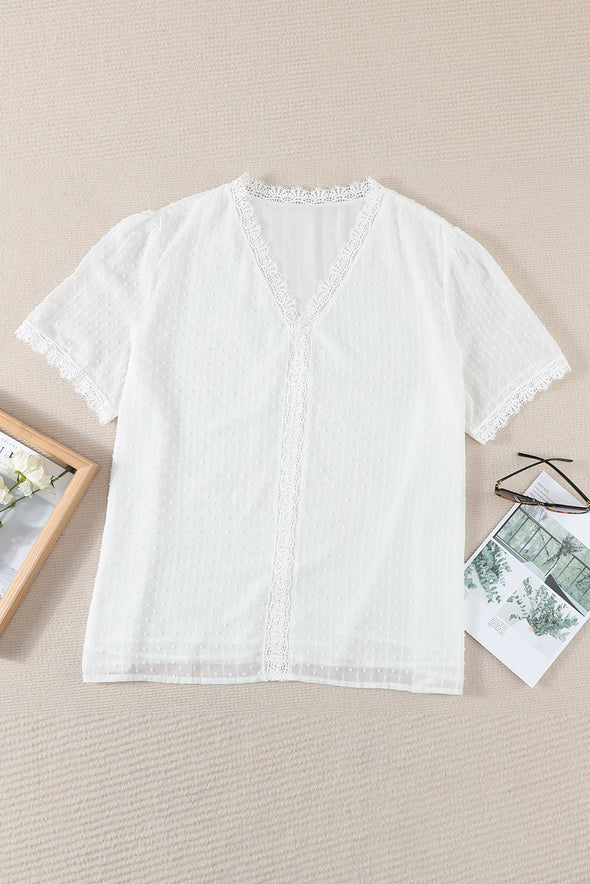 V Neck Lace Crochet Swiss Dot Short Sleeve Blouse
