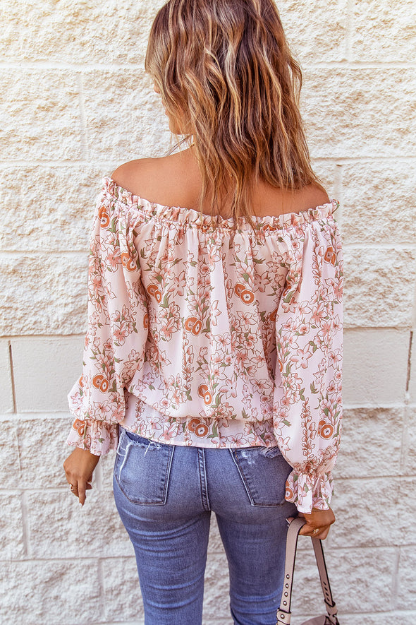 Off The Shoulder Puff Sleeve Ruffled Floral Print Blouse
