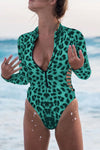 Print Zipper Cut-out Rash Guard Swimsuit