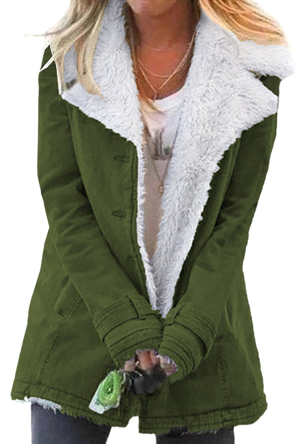 Khaki Lapel Collar Button Fleece Jacket
