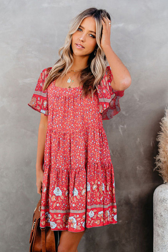 Flutter Sleeve Floral Tiered Babydoll Dress