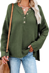 Henley Pullover Drop Shoulder Sweater with Slits