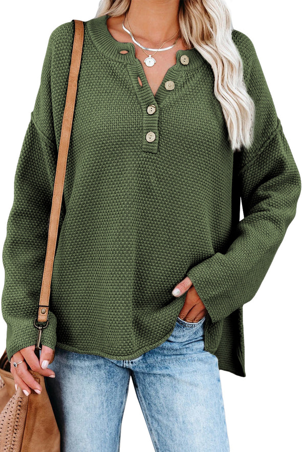 Henley Pullover Drop Shoulder Sweater with Slits
