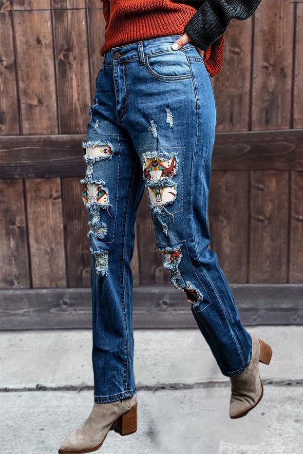 Valentine Heart Patchwork Distressed Straight Leg Jeans