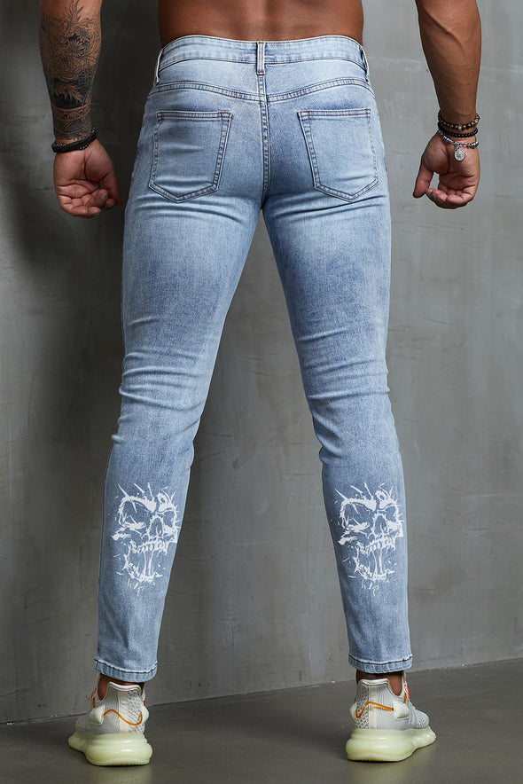 Men's Skull Print Patchwork Distressed Skinny High Waist Jeans