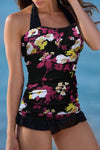 Open Back Ruched Halter Top Shorts Tankini Set