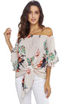 Off Shoulder Floral Tie Front High Low Chiffon Blouse