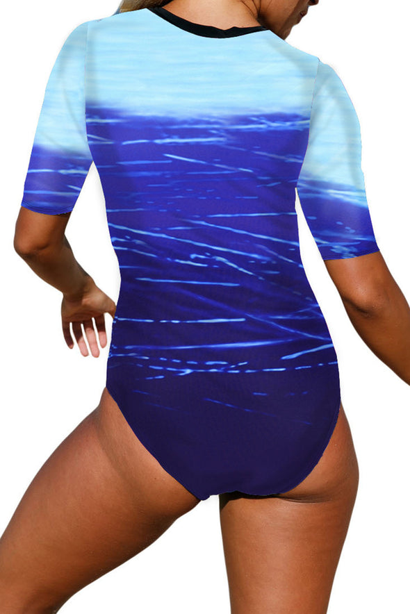 Blue Leaves Zip Front Half Sleeve One Piece Swimsuit