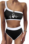 One Shoulder Patchwork High-waisted Bikini Set