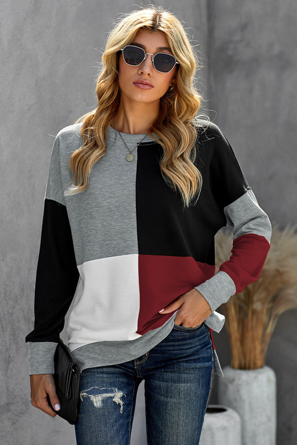 Color Block Round Neck Long Sleeves Pullover Sweatshirt