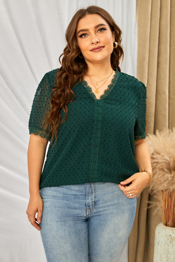 V Neck Lace Crochet Swiss Dot Short Sleeve Blouse