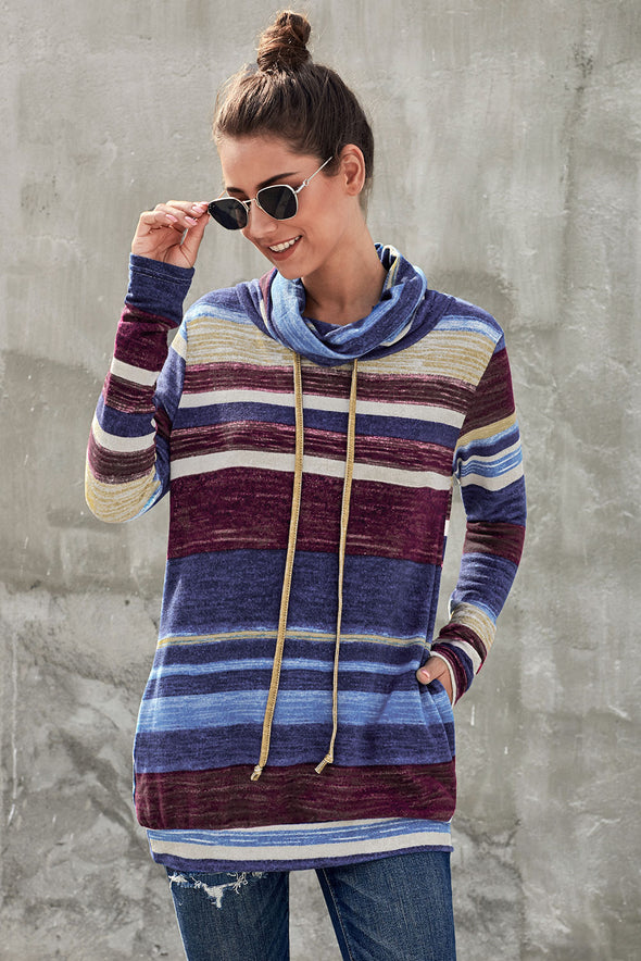 Multicolor Cowl Neck Striped Long Sleeve Sweatshirt