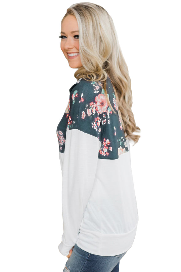 Floral Splice Pink Kangaroo Pocket Zip Collar Sweatshirt