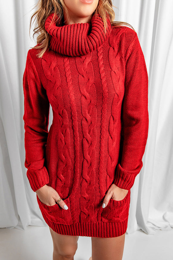 Colorblock Cowl Neck Cable Knit Sweater Dress