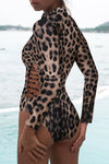 Print Zipper Cut-out Rash Guard Swimsuit