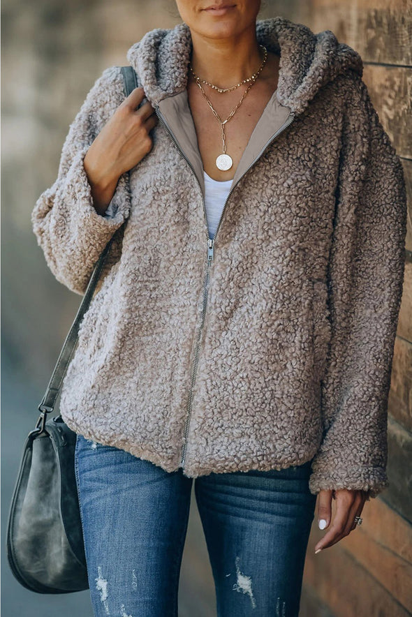 Zip Up Sherpa Hooded Coat with Pocket