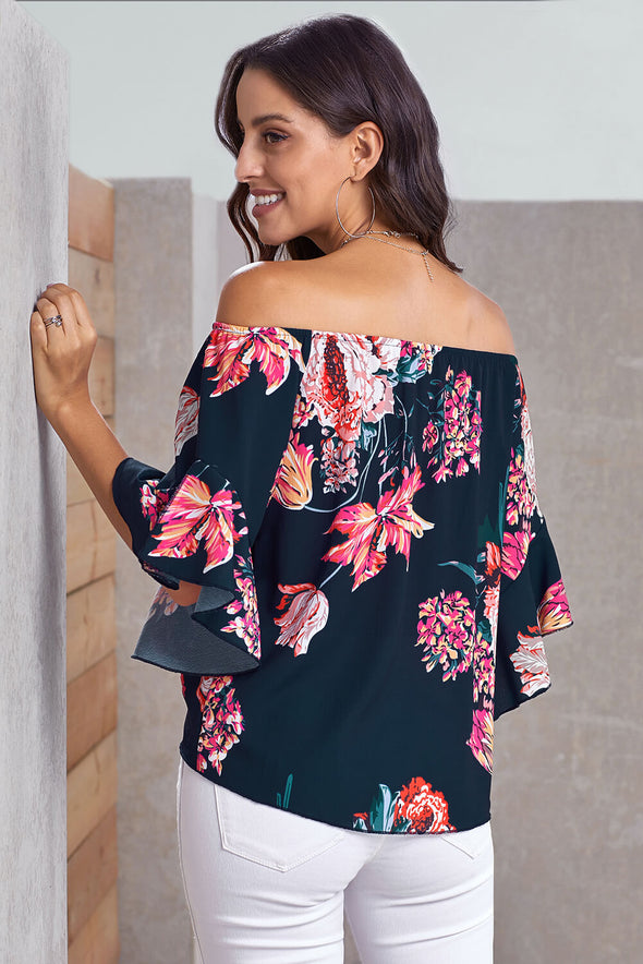 Off Shoulder Floral Tie Front High Low Chiffon Blouse