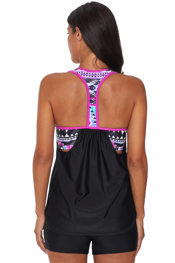 Blouson Striped Printed Strappy T-Back Push up Tankini Top