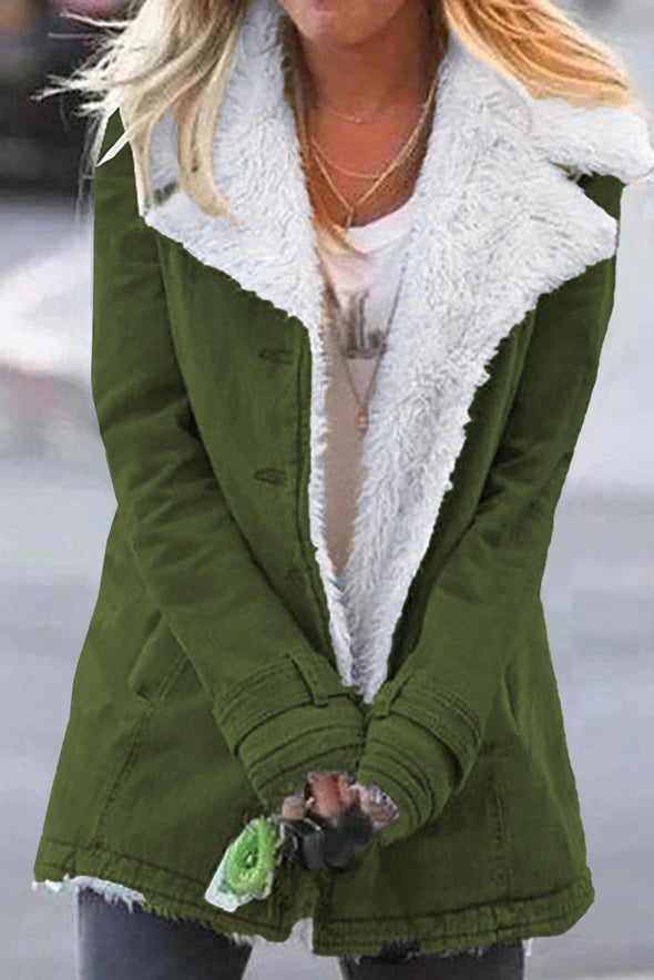 Khaki Lapel Collar Button Fleece Jacket