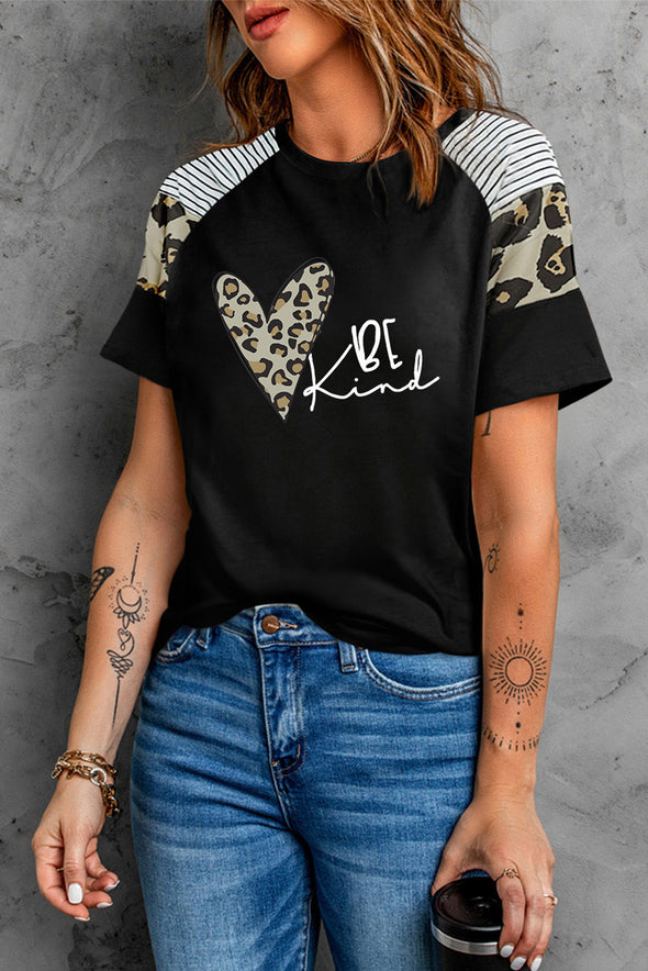 Letter Heart Print Leopard Striped Color Block Short Sleeve T-shirt