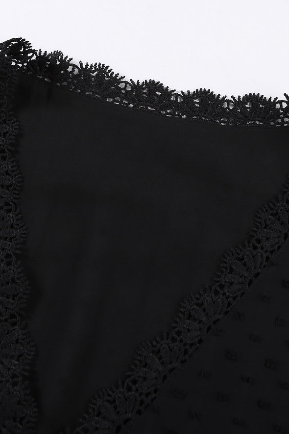 V Neck Lace Crochet Swiss Dot Short Sleeve Blouse