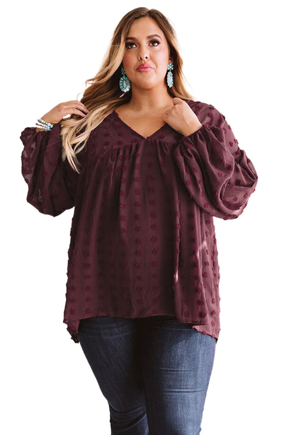 Wine Red V Neck Lantern Sleeve Swiss Dot Plus Size Blouse