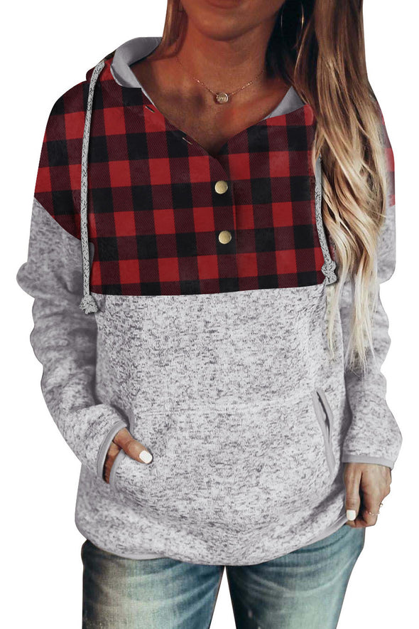 Plaid Splicing Pocketed Hoodie