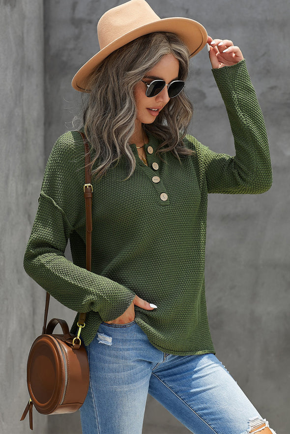 Henley Pullover Drop Shoulder Sweater with Slits