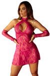 Halter Neck Backless Lace Babydoll with Thong and Gloves